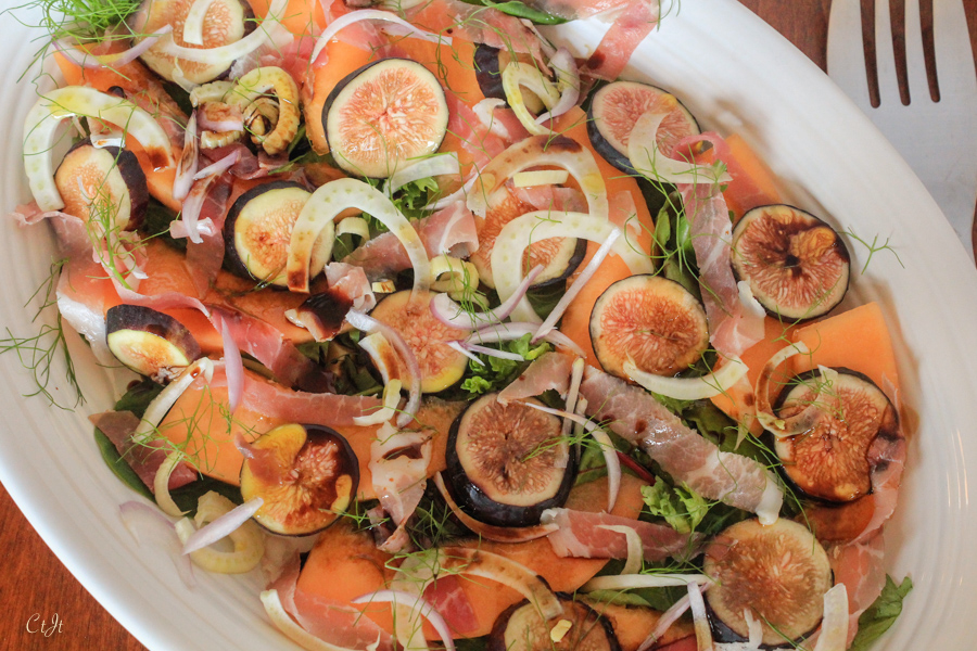 Orange-Flesh Honeydew, Fig & Prosciutto Salad with Fennel and Sigona’s Basil Oil