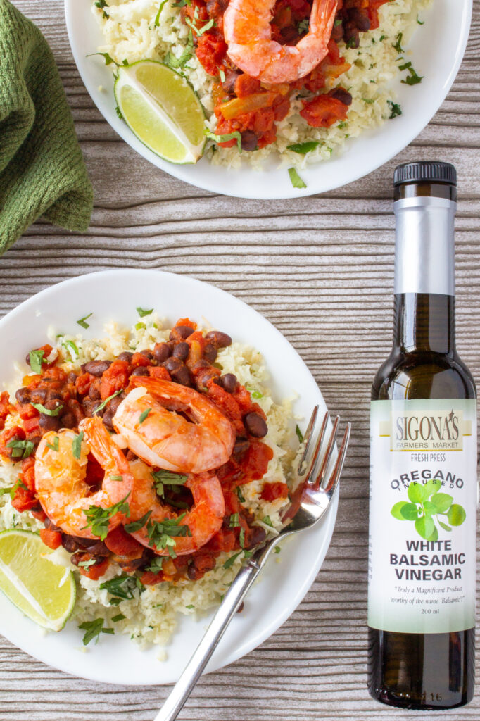 Rice & Oregano-Balsamic-Spiked Beans with Shrimp