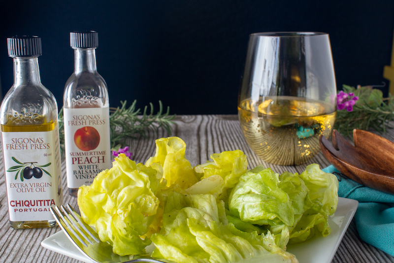 Butter Lettuce Hearts tossed with Chiquitita Olive Oil and Summertime Peach White Balsamic