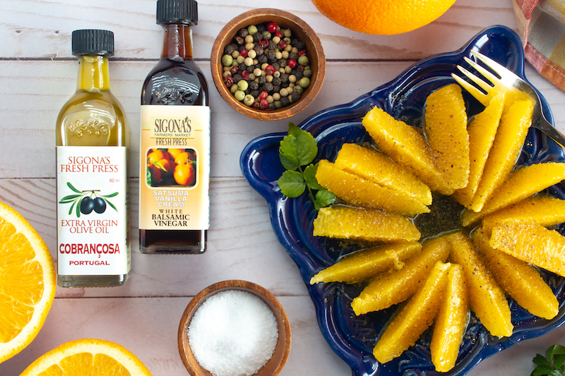 Sweet Navel Oranges with Sigona’s Cobrançosa Oil and Satsuma Vanilla Cream Balsamic