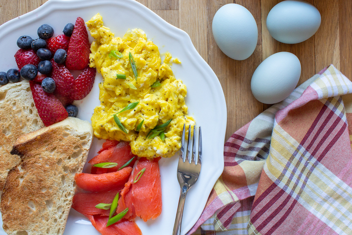 Soft Scrambled Eggs with Toasted Bread and Smoked Salmon