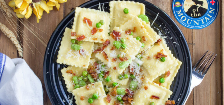 Dream of the Mountain Ravioli with Lemon, Spring Vegetables and Crumbled Bacon