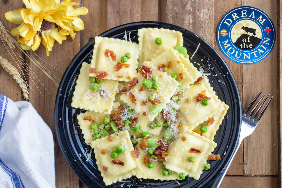 Dream of the Mountain Ravioli with Lemon, Spring Vegetables and Crumbled Bacon