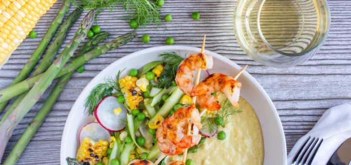 Patagonian Red Shrimp with a Spring Vegetable Salad and Sweet Corn Coulis