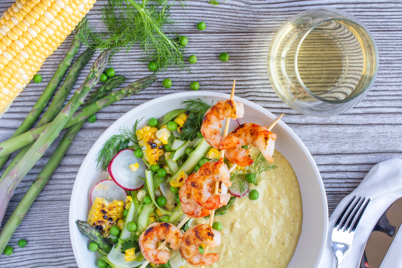 Patagonian Red Shrimp with a Spring Vegetable Salad and Sweet Corn Coulis