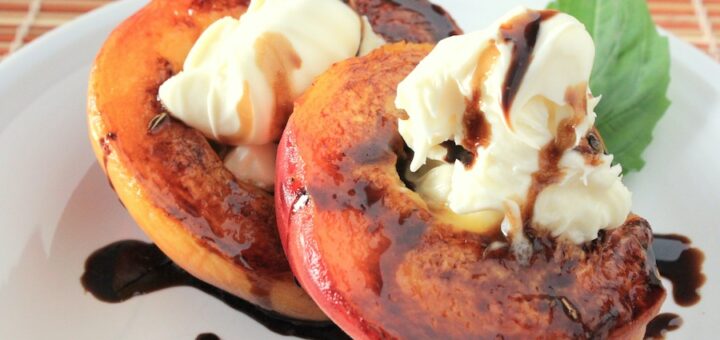 Pan-Seared Peaches Topped with Mascarpone and a Lavender-herbed Balsamic Reduction