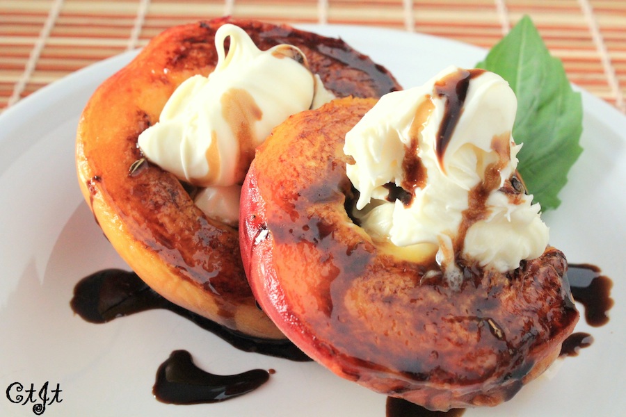 Pan-Seared Peaches Topped with Mascarpone and a Lavender-herbed Balsamic Reduction