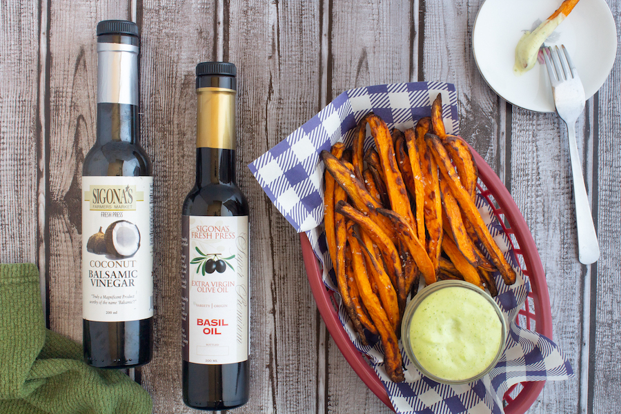 Air Fryer Caribbean-Seasoned Sweet Potato Fries with Basil Aioli