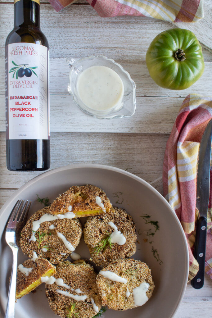 Fried Green Tomatoes with Creamy Madagascar Black Peppercorn Oil Dressing