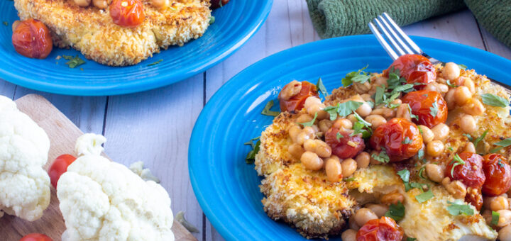 Panko & Parmesan Crusted Cauliflower Steaks with a Tuscan Herb Ragout