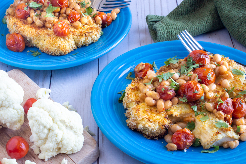 Panko & Parmesan Crusted Cauliflower Steaks with a Tuscan Herb Ragout