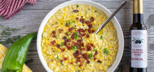 Corn Chowder with Hatch Chiles, Bacon and Cilantro & Roasted Onion Infused Olive Oil
