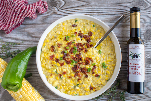 Corn Chowder with Hatch Chiles, Bacon and Cilantro & Roasted Onion Infused Olive Oil 