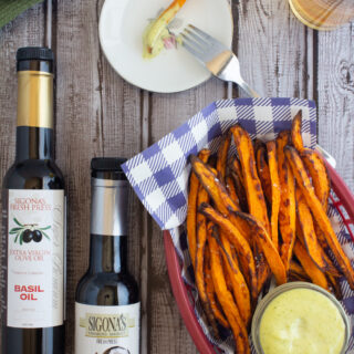 Coconut-Spiked, Air-Fried Sweet Potato Fries with Basil Aioli