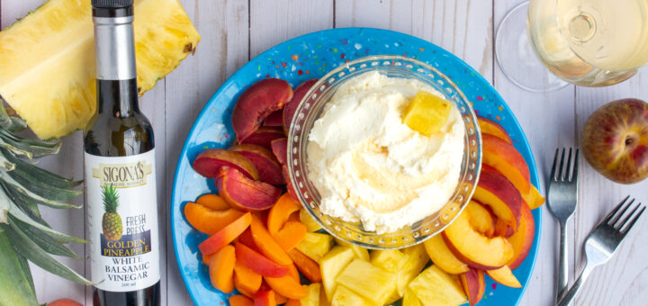 Pineapple balsamic whipped mascarpone & cream with fresh fruit for dipping, such as nectarines, pineapple, plums and peaches