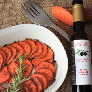 Blood Orange, Cinnamon & Rosemary Roasted , sliced Sweet Potatoes for a holiday meal