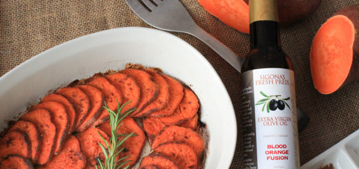 Blood Orange, Cinnamon & Rosemary Roasted , sliced Sweet Potatoes for a holiday meal