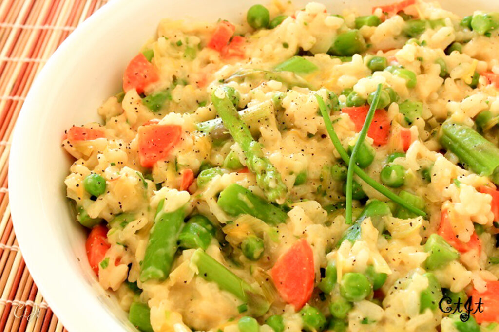 Spring risotto with asparagus peas carrots