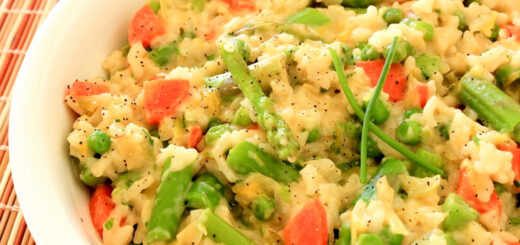 Spring risotto with asparagus peas carrots