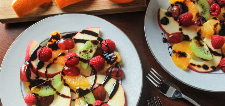 Navel Oranges, Berries, Kiwi and Apples with a Dark Chocolate Balsamic Reduction