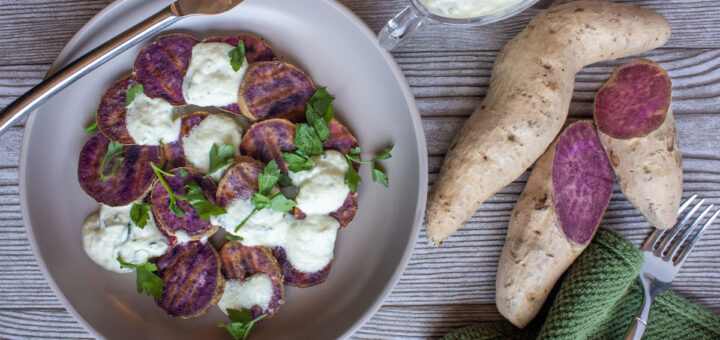 Grilled Hawaiian Sweet Potatoes with Herbed Creme Fraîche